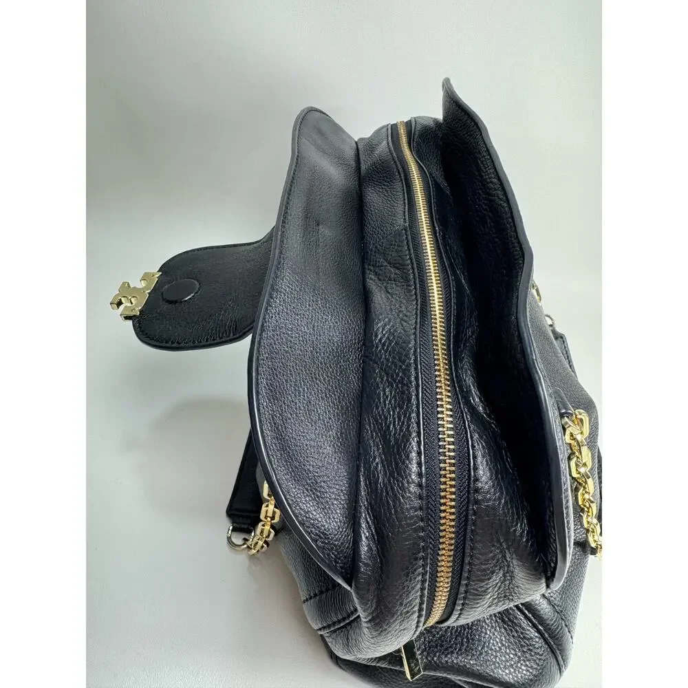 Tory Burch Amanda Black Pebbled Leather Hobo Satchel Shoulder Bag Gold Chain T